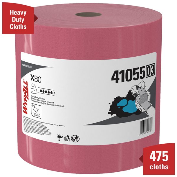 PowerClean X80 Heavy Duty Cloths, Jumbo Roll, Ext Use Towels, Red, 475 Sheets, 12.4 in x 12.2 in