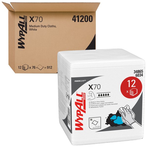 Dry Wipe, X70, 76 Sheets, 1/4 Fold, Heavy Absorb, Hydroknit, 12 in x 12 1/2 in, White, 12 Pack