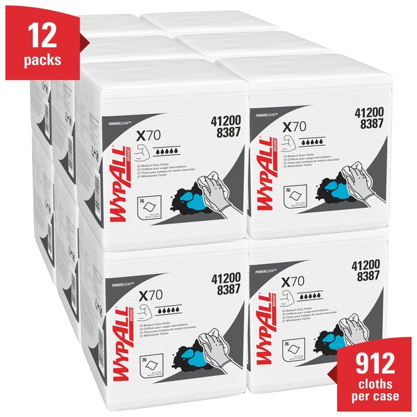 Dry Wipe, X70, 76 Sheets, 1/4 Fold, Heavy Absorb, Hydroknit, 12 in x 12 1/2 in, White, 12 Pack