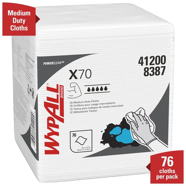 Dry Wipe, X70, 76 Sheets, 1/4 Fold, Heavy Absorb, Hydroknit, 12 in x 12 1/2 in, White, 12 Pack