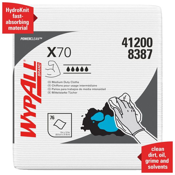 Dry Wipe, X70, 76 Sheets, 1/4 Fold, Heavy Absorb, Hydroknit, 12 in x 12 1/2 in, White, 12 Pack