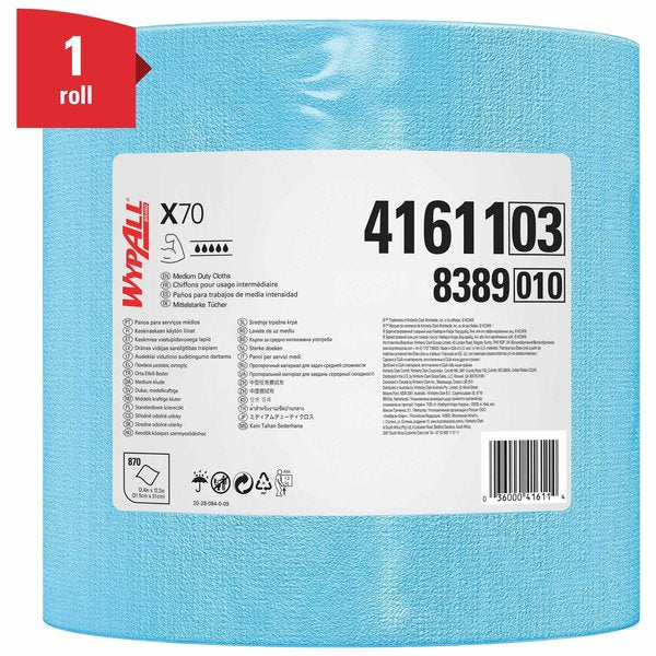 Dry Wipe Roll, X70, Jumbo Roll, Heavy Absorbency, 12 1/2 in x 13 1/2 in, 870 Sheets, Blue