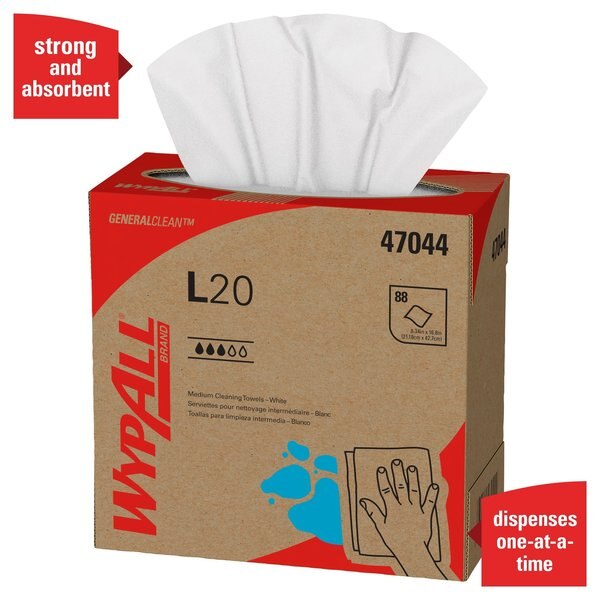 General Clean L20 Medium Cleaning Cloths, Pop-Up, White, 4-Ply, 10 Boxes/Case, 88 Sheets/Box