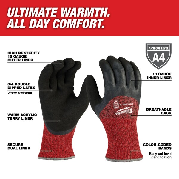 Level 4 Cut Resistant Latex Dipped Winter Insulated Gloves - Large