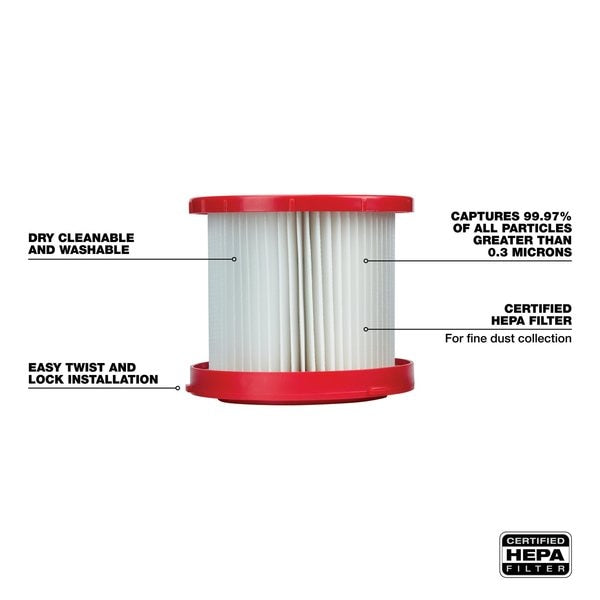 Cartridge Filter, Fits Milwaukee 0880-20 Vacuum Models, HEPA, Wet/Dry