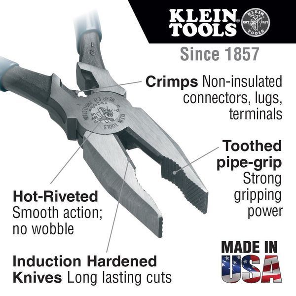 8 5/8 in Linemans Plier High Leverage w/ Wire Crimper, Steel
