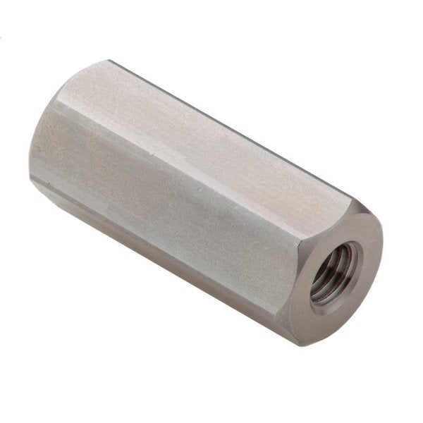 Coupling Nut Reducer, M6 and M8, 18-8 Stainless Steel, Not Graded, Plain, 38 mm Lg, 16 mm Hex Wd