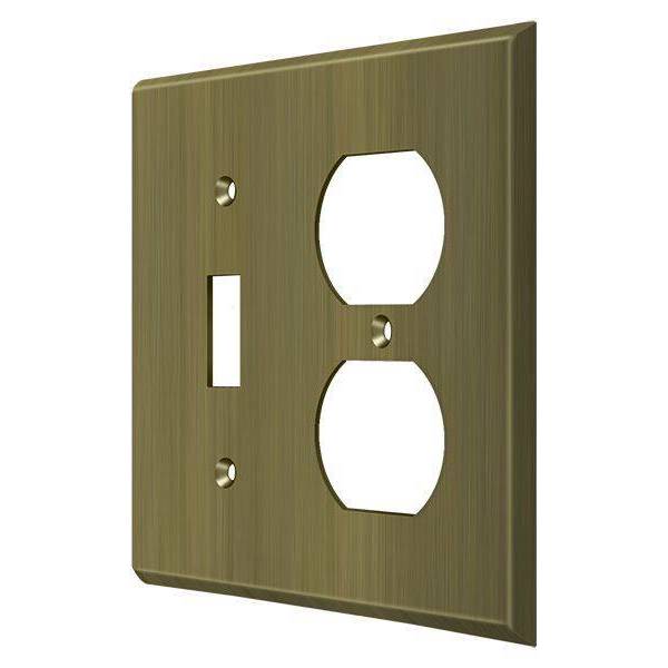 Single Switch/Double Outlet Switch Plate, Number of Gangs: 2 Solid Brass, Antique Brass Finish
