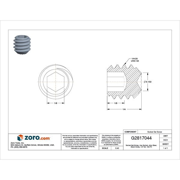 Socket Set Screw, Hex Socket, Alloy Steel, Black Oxide, 1/4