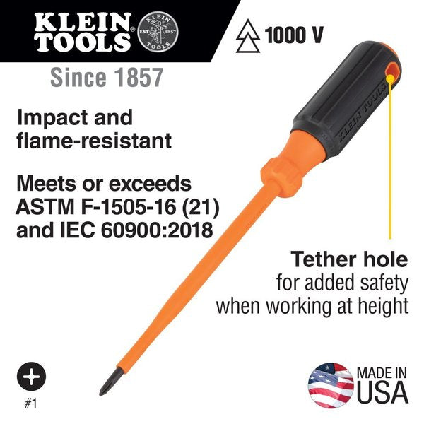 Insulated Screwdriver, #1 Phillips Tip, 6-Inch Round Shank