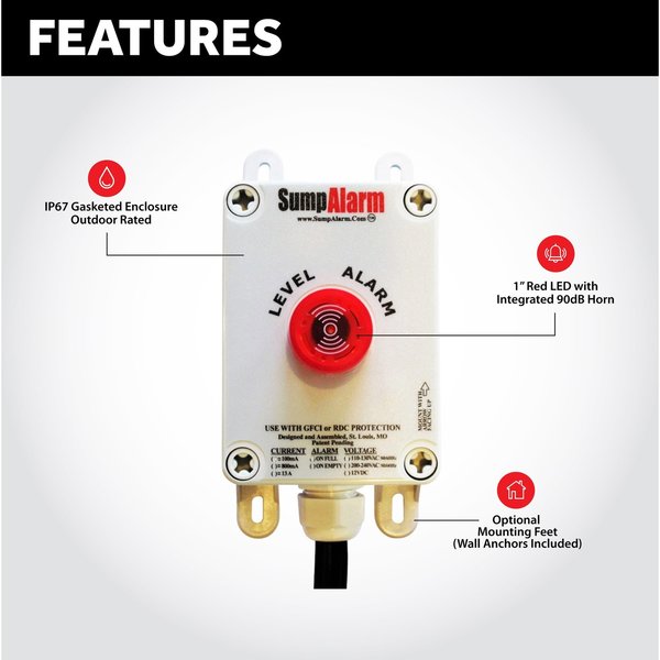 In/Outdoor Pump/High Water Alarm, 120V, 20' Heavy Float
