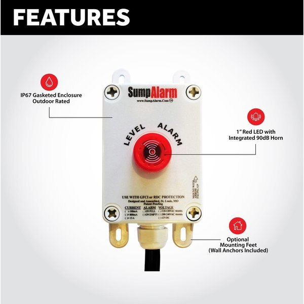 In/Outdoor Pump/High Water Alarm, 120V, 16' Float