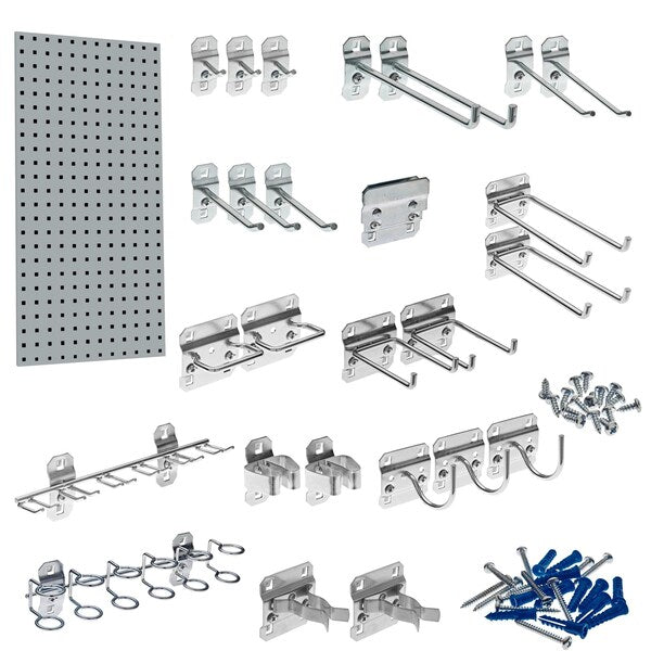 (1) 18 In. W x 36 In. H Gray Epoxy 18-Gauge Steel Square Hole Pegboard 18 pc. LocHook Assortment