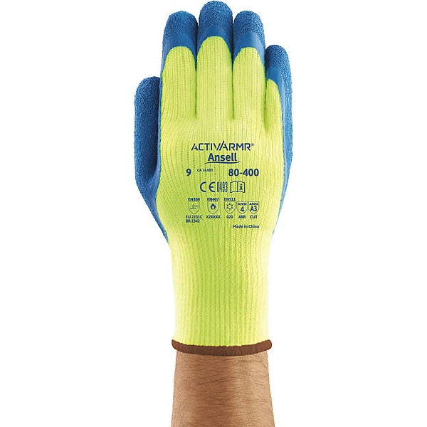 Hi-Vis Cut Resistant Coated Gloves, A3 Cut Level, Natural Rubber Latex, 2XL, 1 PR