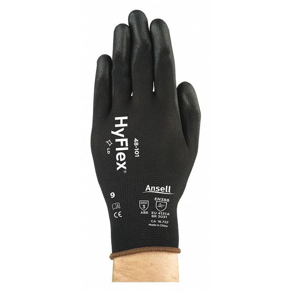 Hyflex Coated Gloves, Polyurethane, Palm Coated, Black, Large, 1 Pair