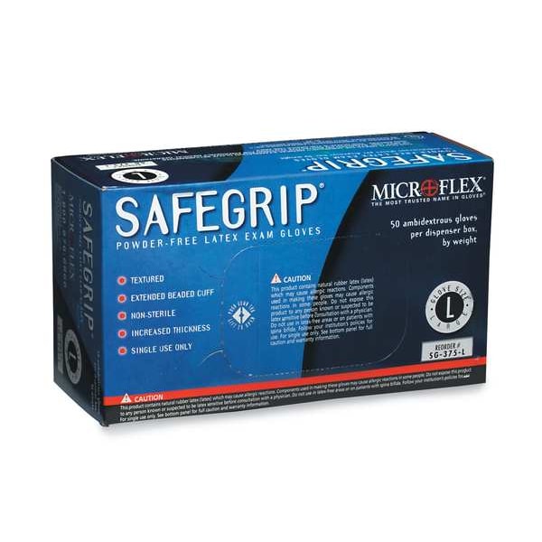 Exam Gloves, Natural Rubber Latex, Powder Free, Blue, L, 50 PK
