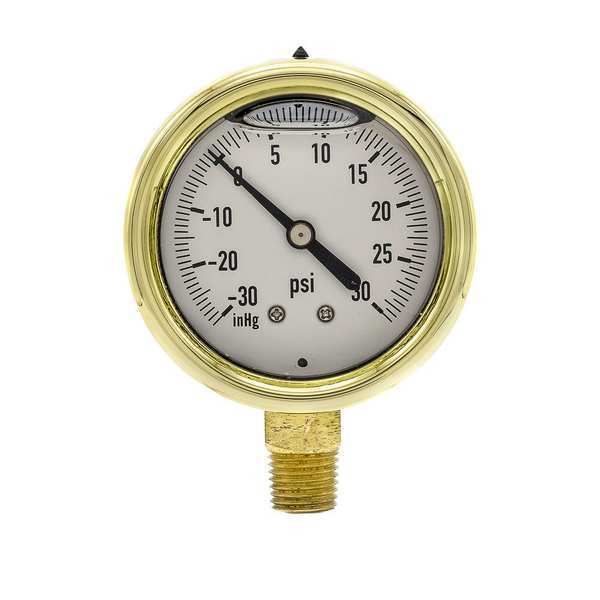 Compound Gauge, -30 to 0 to 30 in Hg/psi, 1/4 in MNPT, Brass, Gold