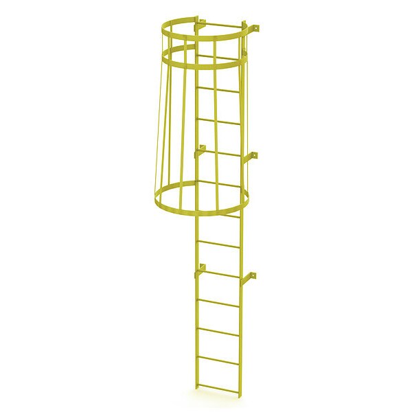 12 ft. Ladder, Standard Fixed Cage, Steel, 13-Rung, Steel, 13 Steps, Safety Yellow Finish