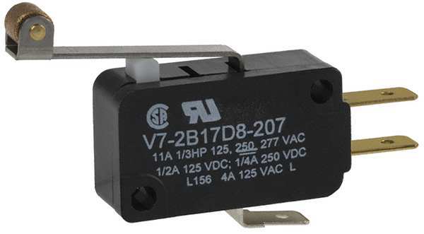 Miniature Snap Action Switch, Lever, Long, Roller Actuator, SPDT, 3A @ 240V AC Contact Rating