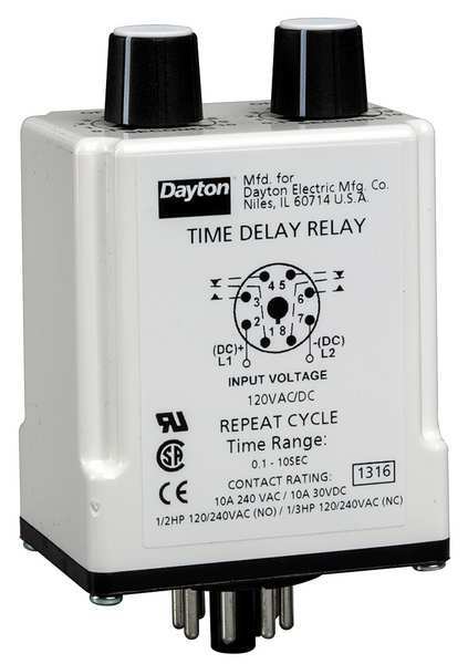 Time Dlay Rlay, 120VAC/DC, 10A, DPDT, 9 sec., Base Type: Octal