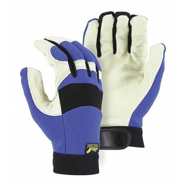 Mechanics Gloves, L, Blue/White, Stretch Knit Back with Neoprene Knuckle