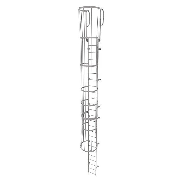 28 ft Fixed Ladder with Safety Cage, Steel, 25 Steps, Top Exit, Gray Powder Coated Finish