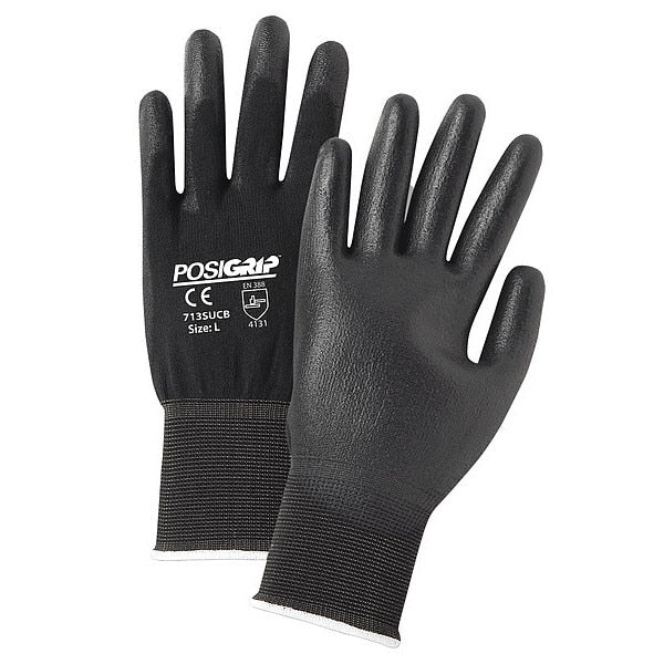 Polyurethane Coated Gloves, Palm Coverage, Black, S, 12PK