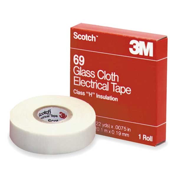 Glass Cloth Electrical Tape, 69, Scotch, 3/4 in W x 66 ft L, 7 mil thick, White, 1 Pack