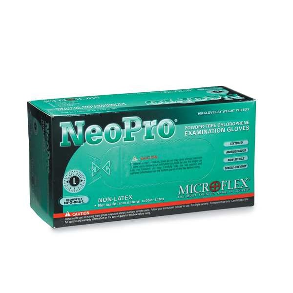 Disposable Exam Gloves, Neoprene, Powder Free, Green, M, 100 PK