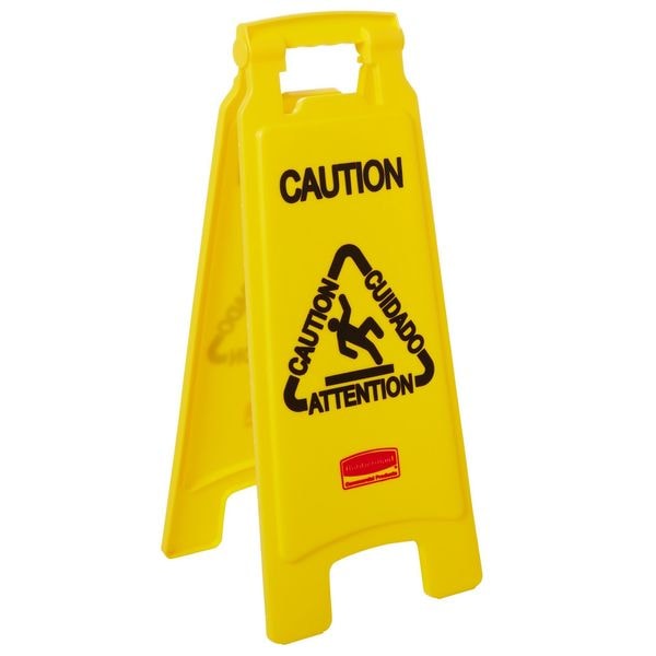 Floor Safety Sign, Caution, Eng/Sp/Fr/Grmn, 25 in H, 11 in W, HDPE, Triangle, FG611200YEL