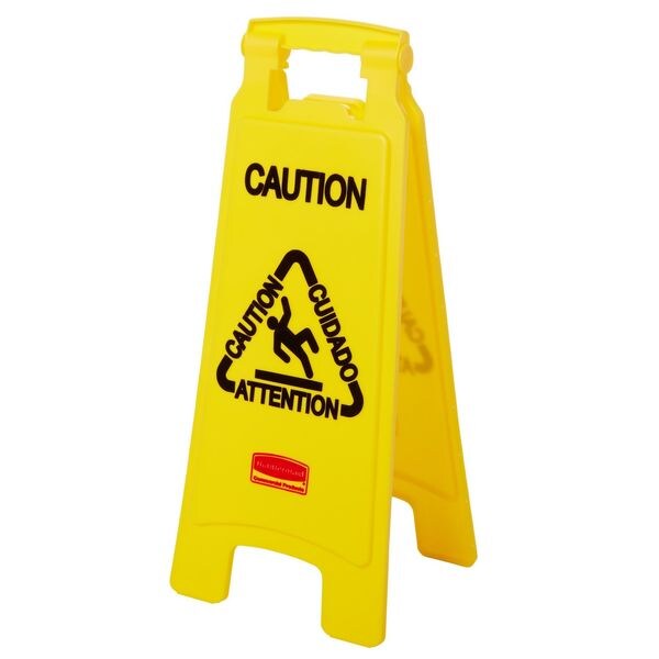 Floor Safety Sign, Caution, Eng/Sp/Fr/Grmn, 25 in H, 11 in W, HDPE, Triangle, FG611200YEL