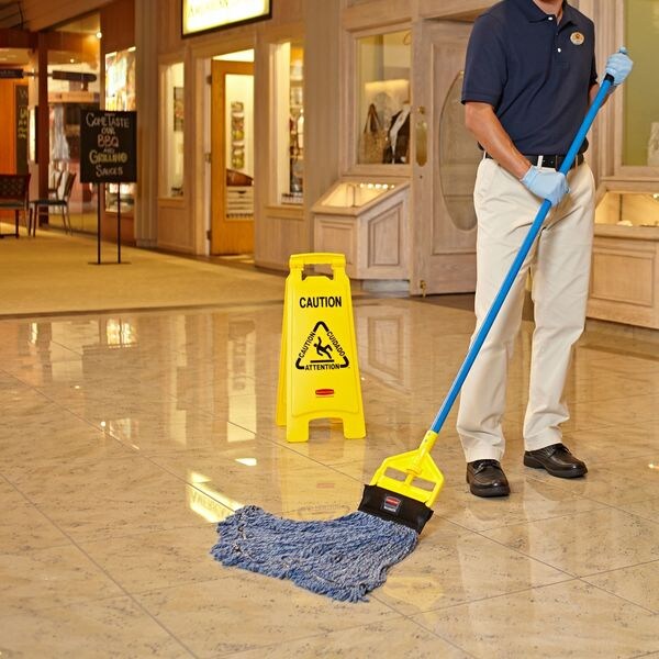 Floor Safety Sign, Caution, Eng/Sp/Fr/Grmn, 25 in H, 11 in W, HDPE, Triangle, FG611200YEL