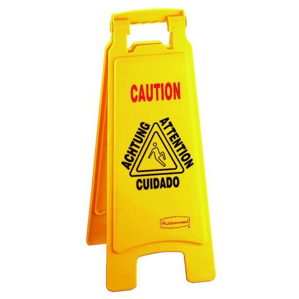 Floor Safety Sign, Caution, Eng/Sp/Fr/Grmn, 25 in H, 11 in W, HDPE, Triangle, FG611200YEL