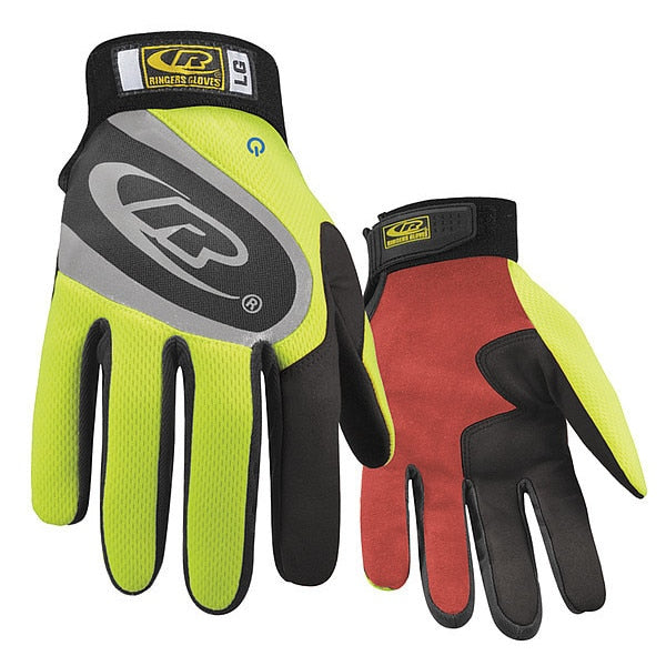 Mechanics Gloves, 2XL, High-Visibility Yellow, Reinforced Split Palm, Mesh Spandex