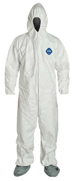 Tyvek 400 Hooded Disposable Coverall, Attached Skid-Resistant Boots, Elastic Wrist, Large, White