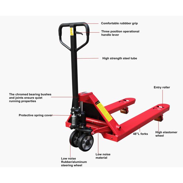 Pallet Jack, 4400 lb., Quiet, Steel, Red