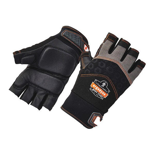Half Finger Mechanics Impact Gloves, XL, Black, Padded, Breathable Spandex