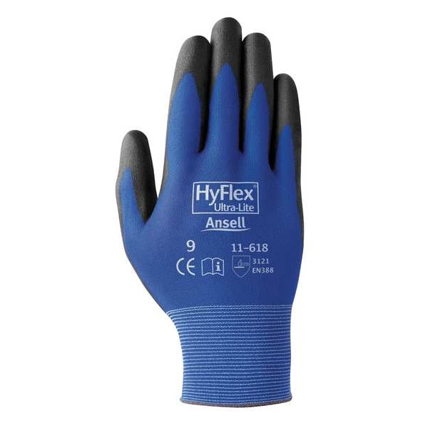 Polyurethane Coated Gloves, Palm Coverage, Blue, 9, PR