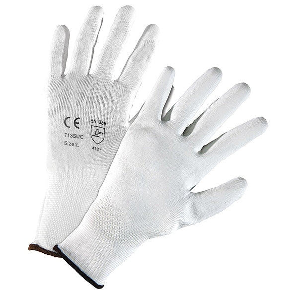 Polyurethane Coated Gloves, Palm Coverage, White, L, 12PK