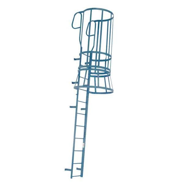 30 ft 8 in Fixed Ladder with Safety Cage, Steel, 28 Steps, Forward Exit, Powder Coated Finish
