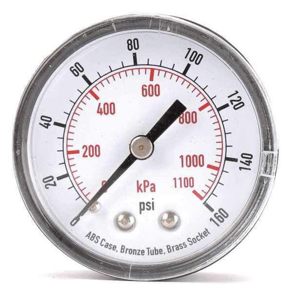 Pressure Gauge, Commercial, 0 to 160 psi, 2 in Dial, 1/4 in MNPT, Plastic, Black