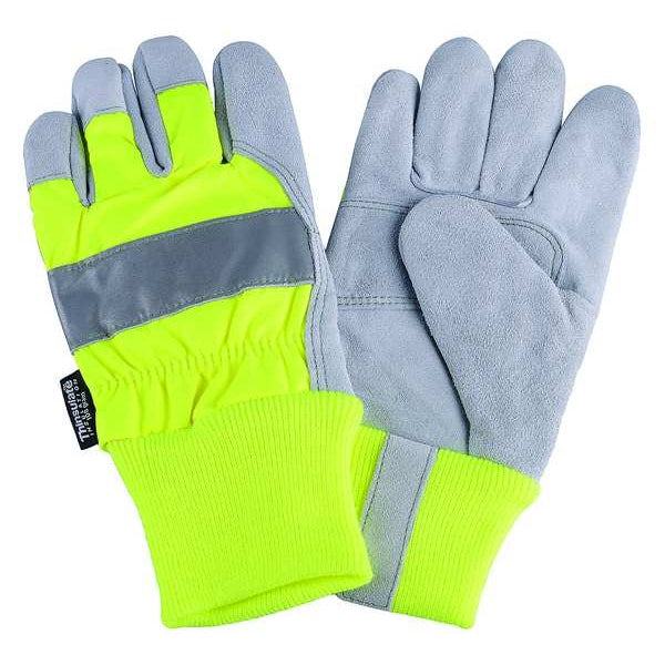 Leather Palm Gloves, Hi-Vis Lime, XL, PR
