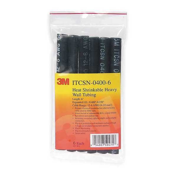 Shrink Tubing, 0.4in ID, Black, 6in, PK3