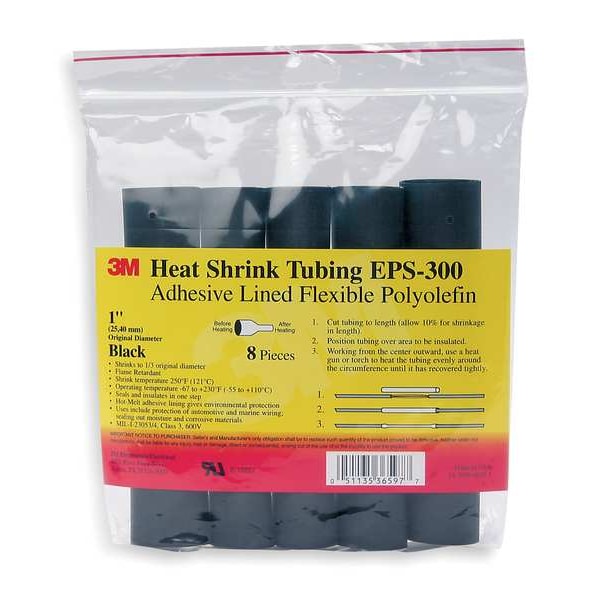 Shrink Tubing, 0.375in ID, Black, 6in, PK10