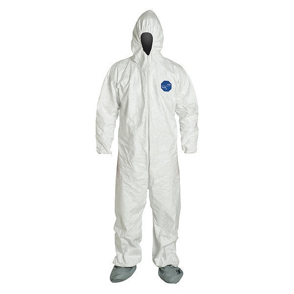 Tyvek 400 Hooded Disposable Coverall, Attached Skid-Resistant Boots, Elastic Wrist, Large, White
