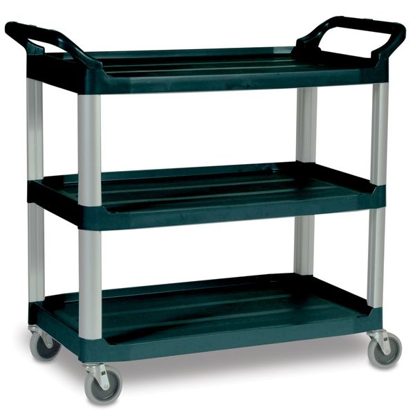 Plastic Dual-Handle Utility Cart with Lipped Plastic Shelves, (2) Raised, 3 Shelves, 300 lb