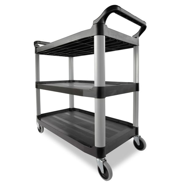 Plastic Dual-Handle Utility Cart with Lipped Plastic Shelves, (2) Raised, 3 Shelves, 300 lb