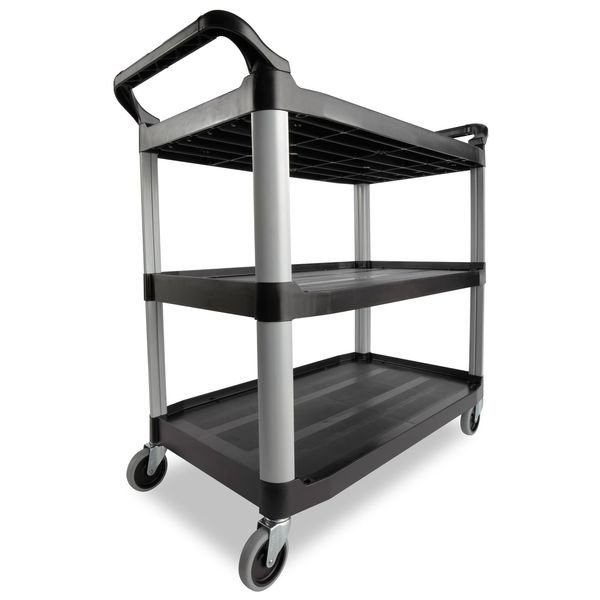 Plastic Dual-Handle Utility Cart with Lipped Plastic Shelves, (2) Raised, 3 Shelves, 300 lb