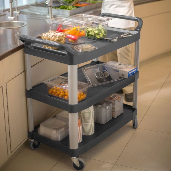 Plastic Dual-Handle Utility Cart with Lipped Plastic Shelves, (2) Raised, 3 Shelves, 300 lb