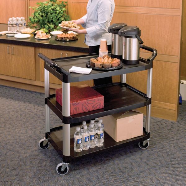 Plastic Dual-Handle Utility Cart with Lipped Plastic Shelves, (2) Raised, 3 Shelves, 300 lb